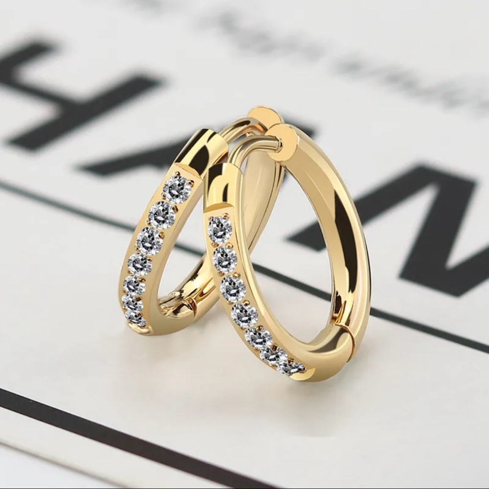 Gold Stainless Steel Studded Mini Hoops - Picture 3 of 4
